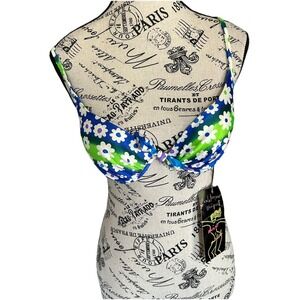 Vintage California Waves Neon Floral Bikini Push Up Top Size M 90s Made In USA